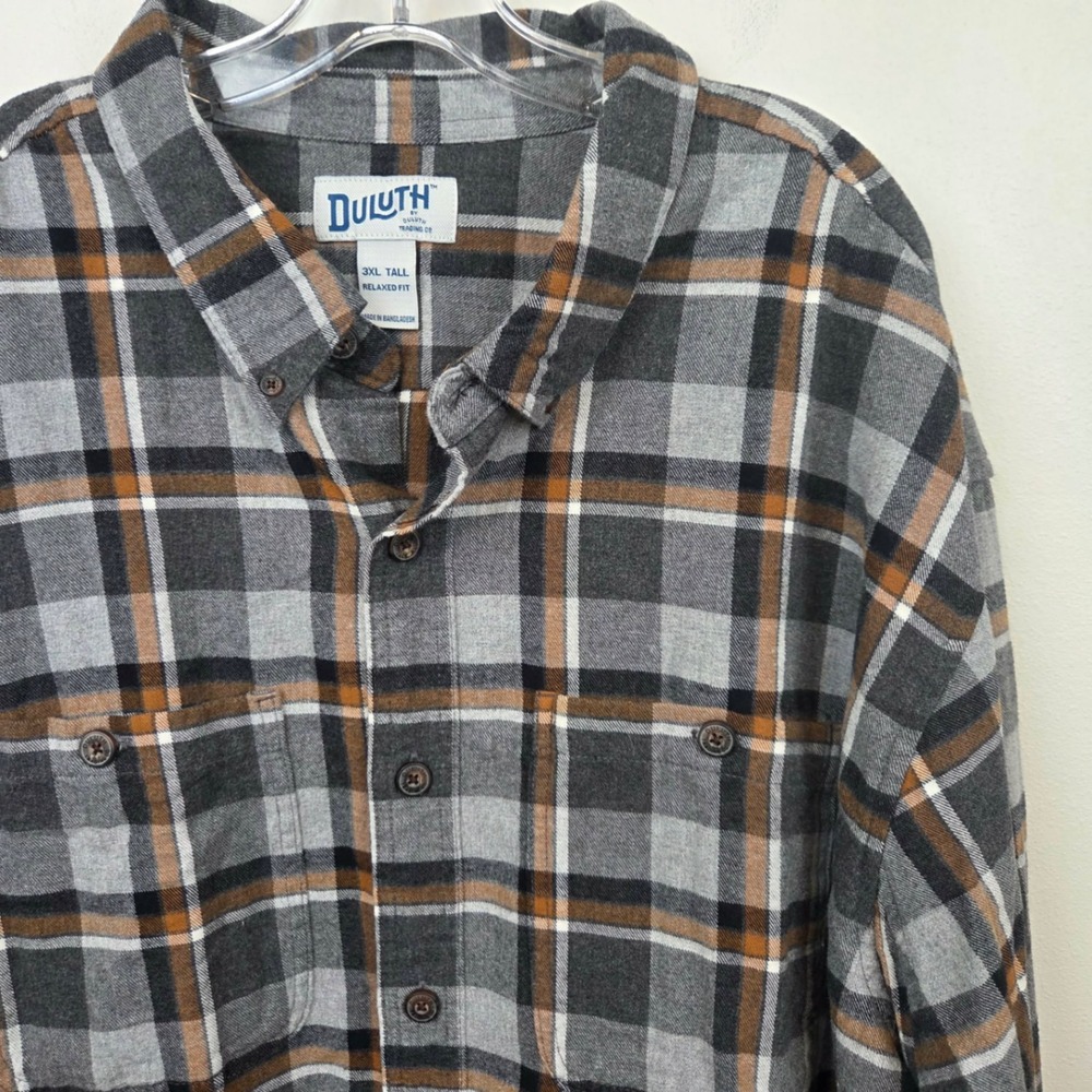 Duluth Trading Co Mens 3XL Tall Relaxed Fit Plaid Flannel Shirt Grey Cotton